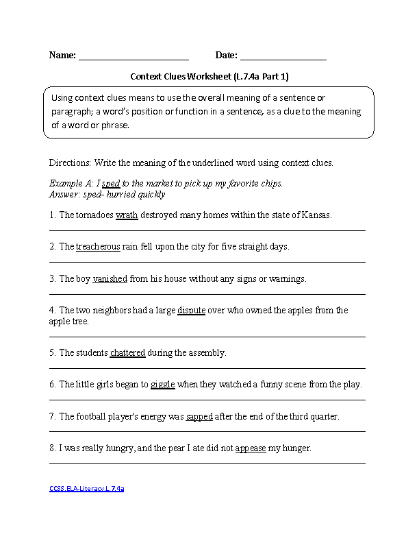 Context Clues Worksheet 1 ELA-Literacy.L.7.4a Language Worksheet